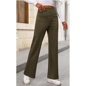 Halara Olive Green Wide Leg Dress Pants (Large) button fly
